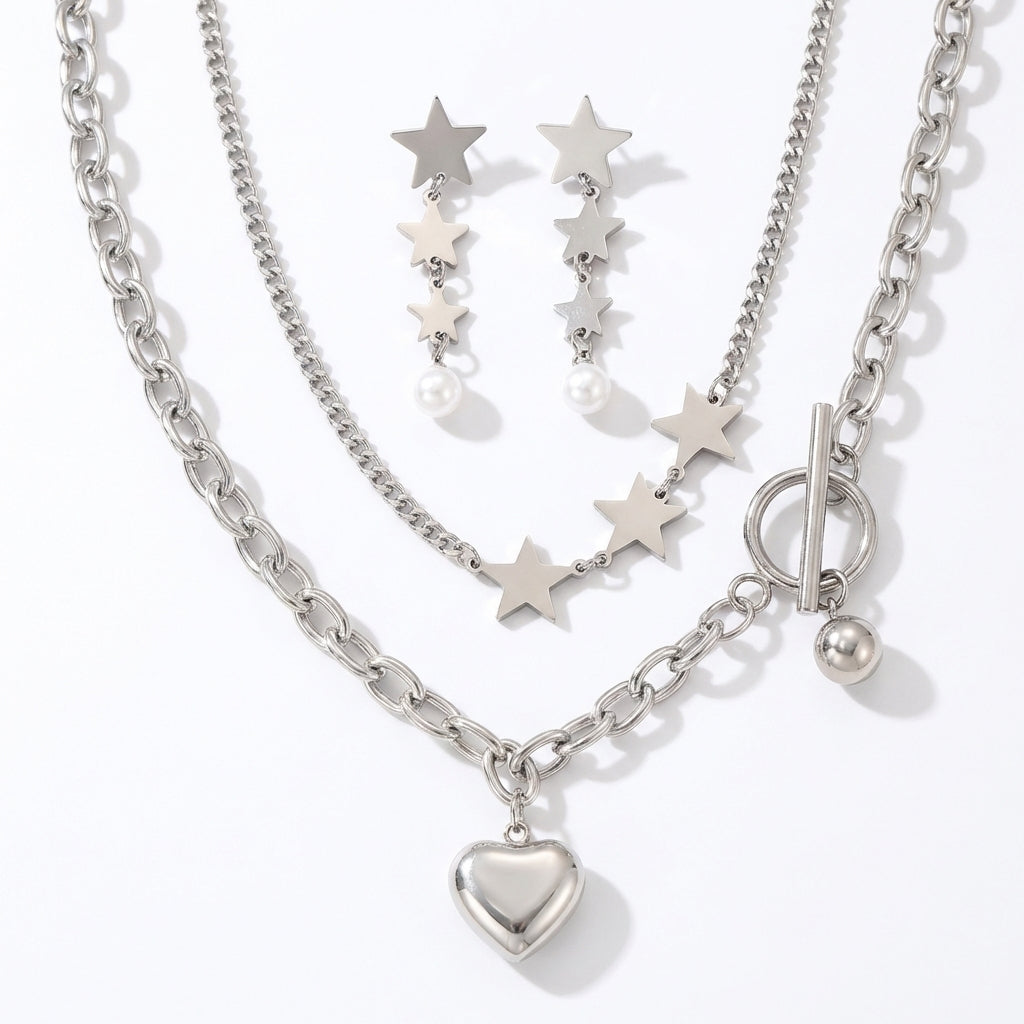 Set Lănțișor și Cercei Inox Argintiu cu Pandantiv Inimă Puffed - Trendy Romantic Oțel Inoxidabil - LPD1418 4 cm - Hipoalergen