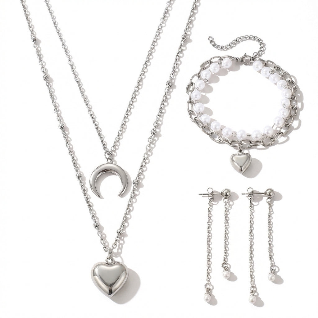 Lănțișor Inox Satellite Argintiu Layered cu Pandantiv Semilună - Boho Minimalist