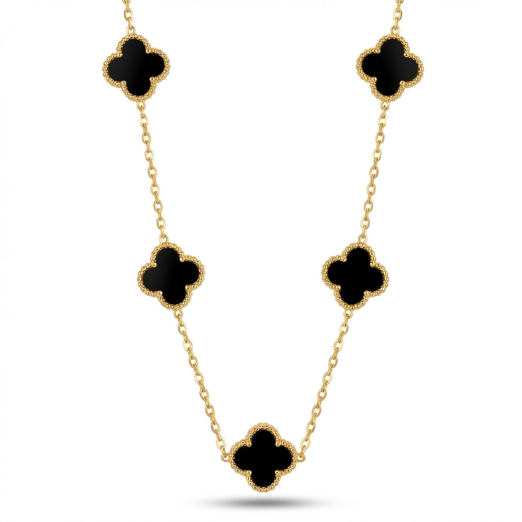 Lănțișor Inox Rolo Auriu cu Pandantiv Trifoi Email Negru - Luxury Elegant