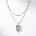 Colier Dublu Inox Argintiu Layered cu Pandantiv Piatră Violet - Boem - Hipoalergenic - LPD1515