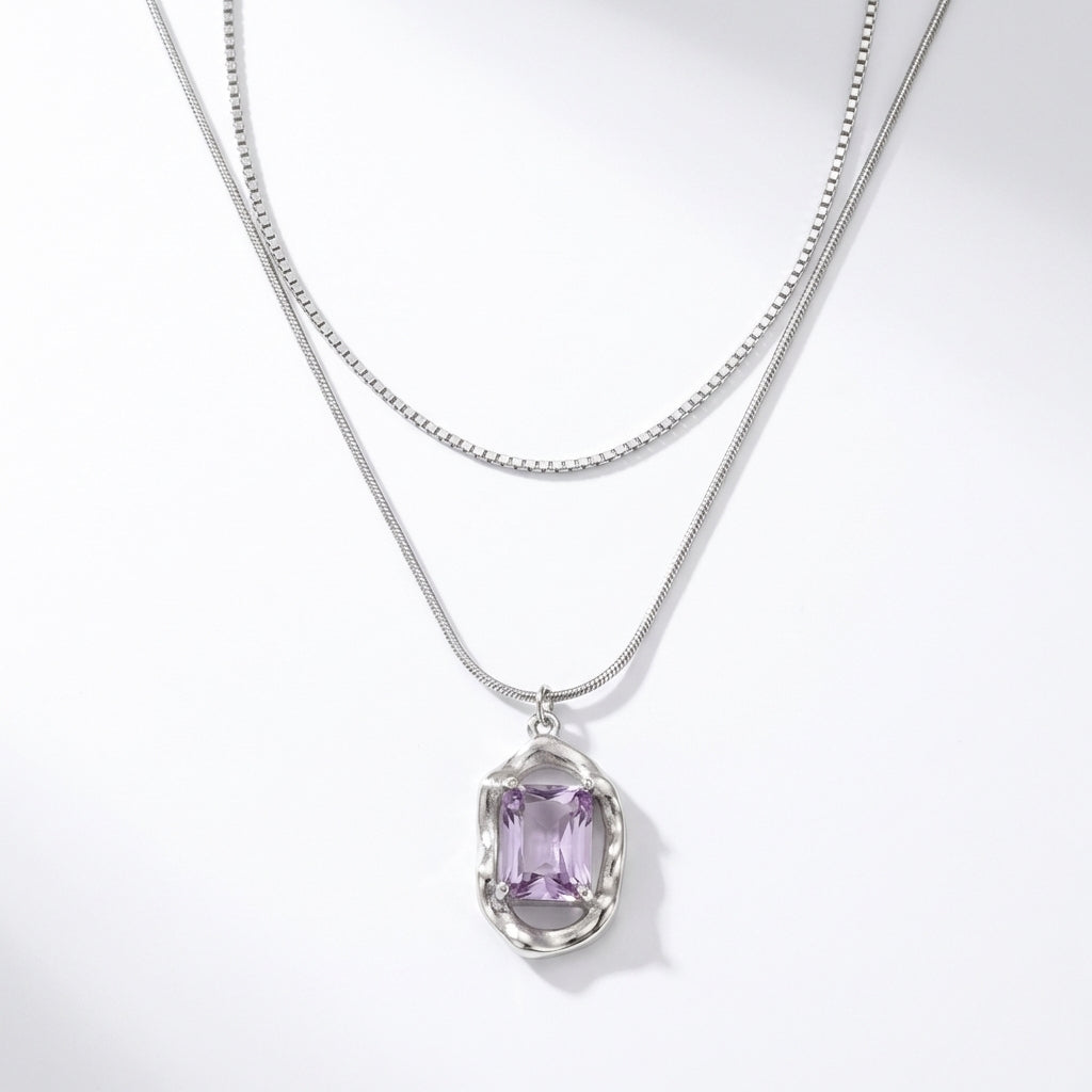 Colier Dublu Inox Argintiu Layered cu Pandantiv Piatră Violet - Boem - Hipoalergenic - LPD1515