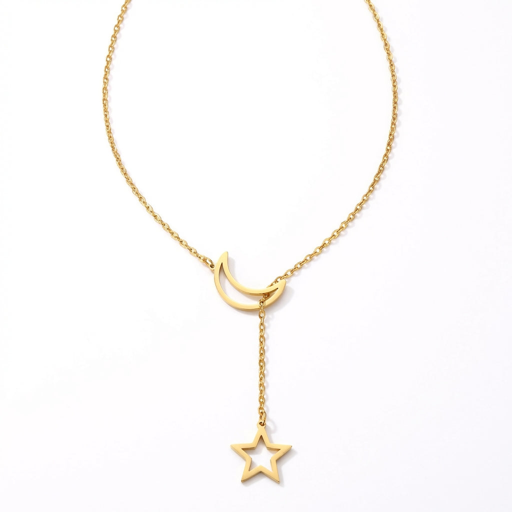 Lănțișor Inox Lariat cu Pandantiv Lună și Stea Auriu - Minimalist – detaliu