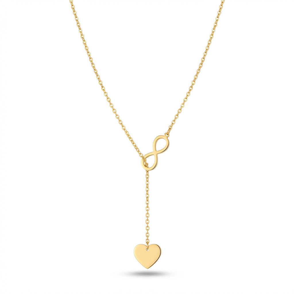 Lănțișor Inox Lariat cu Pandantiv Infinit și Inimă Auriu - Romantic