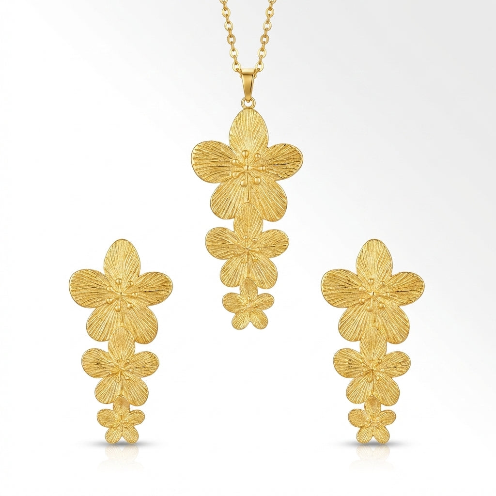 Set Lănțișor și Cercei Inox Auriu cu Pandantiv Cascadă Flori - Romantic Oțel Inoxidabil - LPD1477 4.3 cm - Hipoalergenici