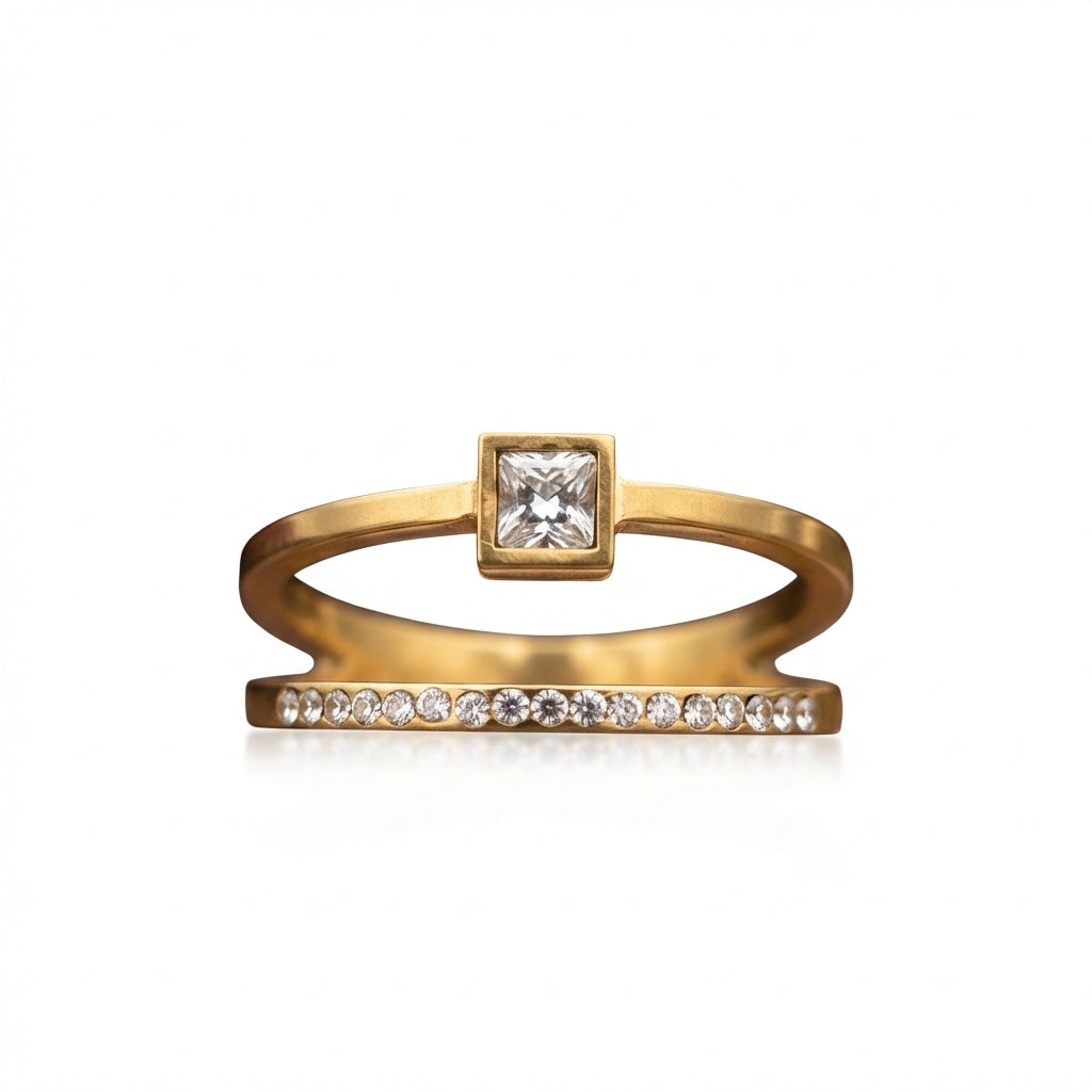 Inel dublu zirconiu pătrat Oțel Inoxidabil Auriu - Hipoalergenic