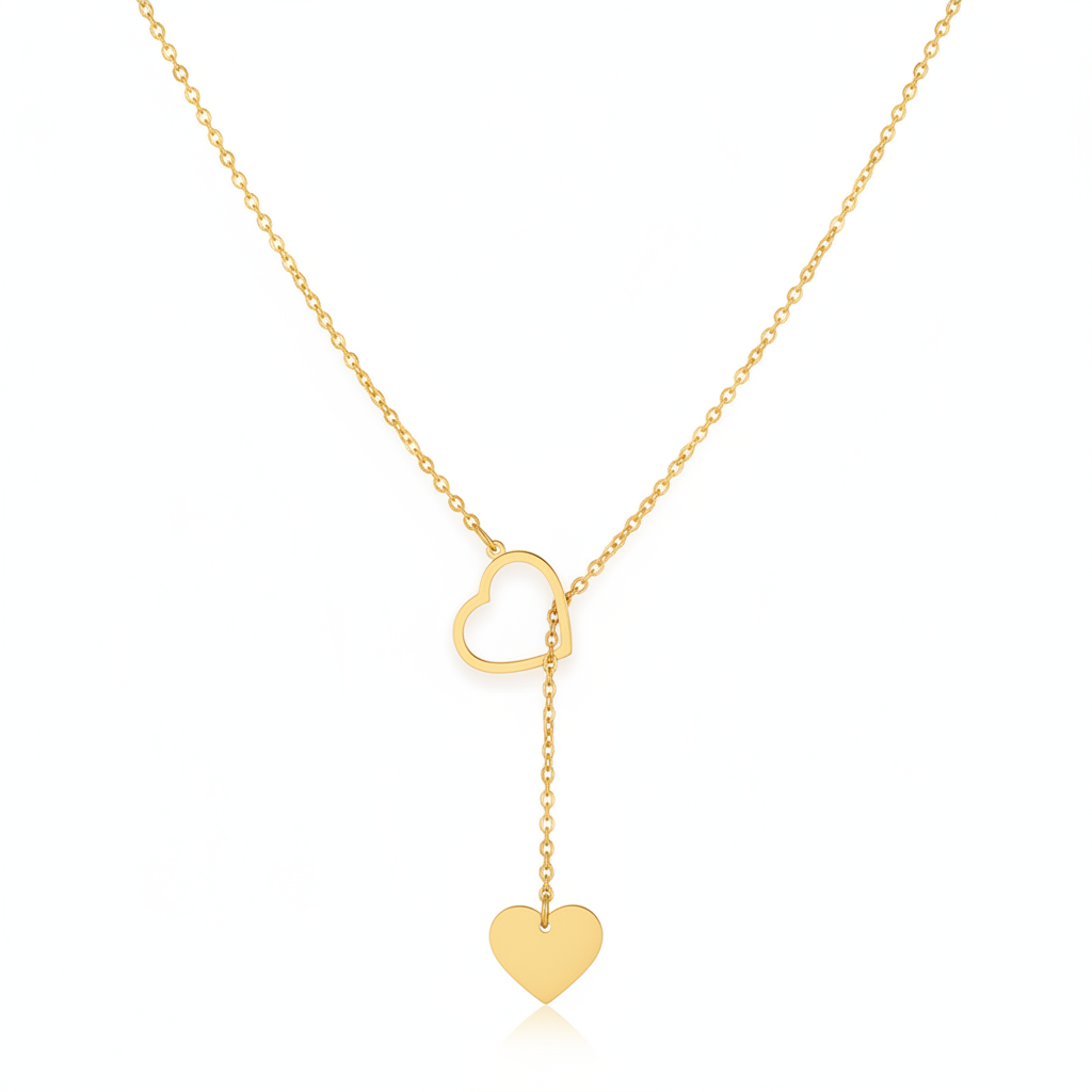 Lănțișor Inox Lariat cu Pandantiv Inimioare Duble Auriu - Romantic - Hipoalergenic