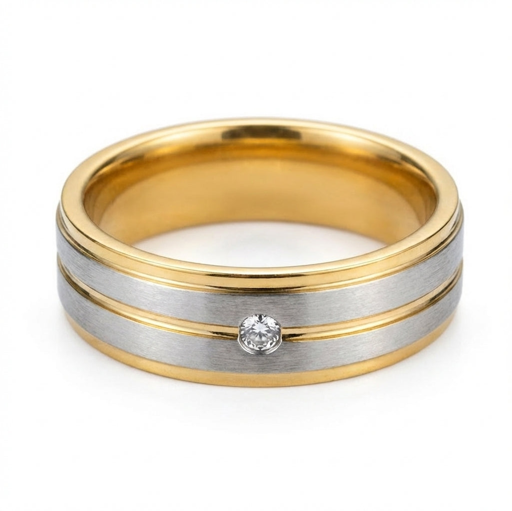 Inel bimetalic diamant central Oțel Inoxidabil Auriu - Hipoalergenic