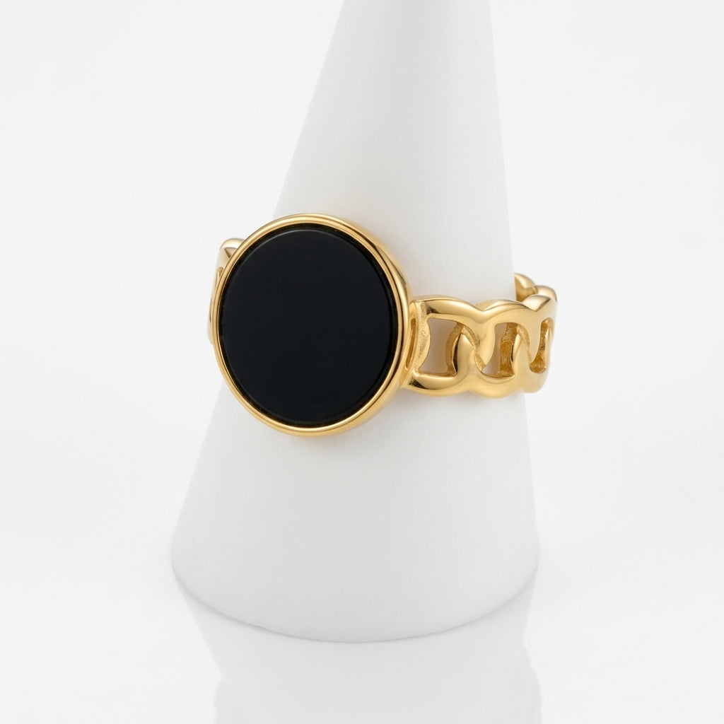 Inel Zale cu Disc Email Negru 10mm Oțel Inoxidabil Placat Aur 18K PVD - Hipoalergenic - IND1700