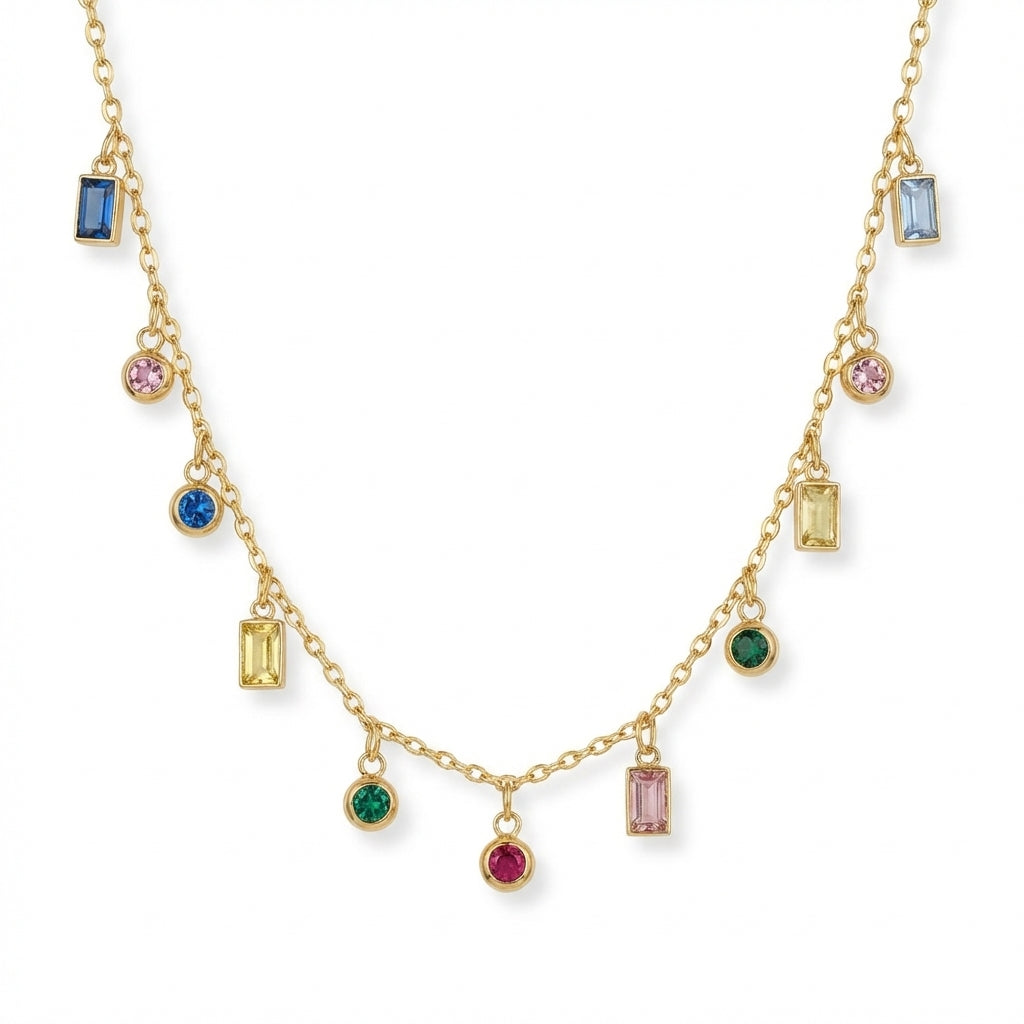 Lănțișor Inox Cable Auriu cu Charm-uri Pietre Multicolore - Statement - Hipoalergenic