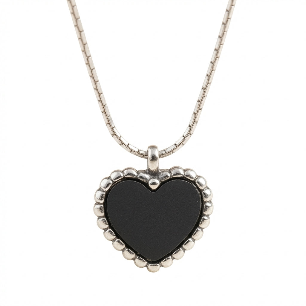 Lănțișor Inox Box Chain Argintiu cu Pandantiv Inimă Neagră - Clasic - Hipoalergenic