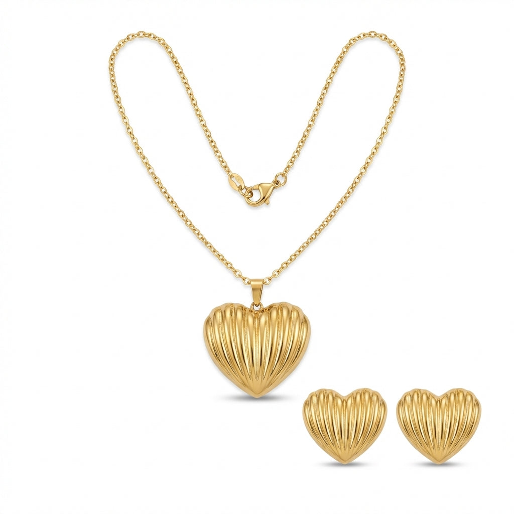 Set Lănțișor și Cercei Inox Auriu Inimă Canalată - Romantic - Hipoalergenic