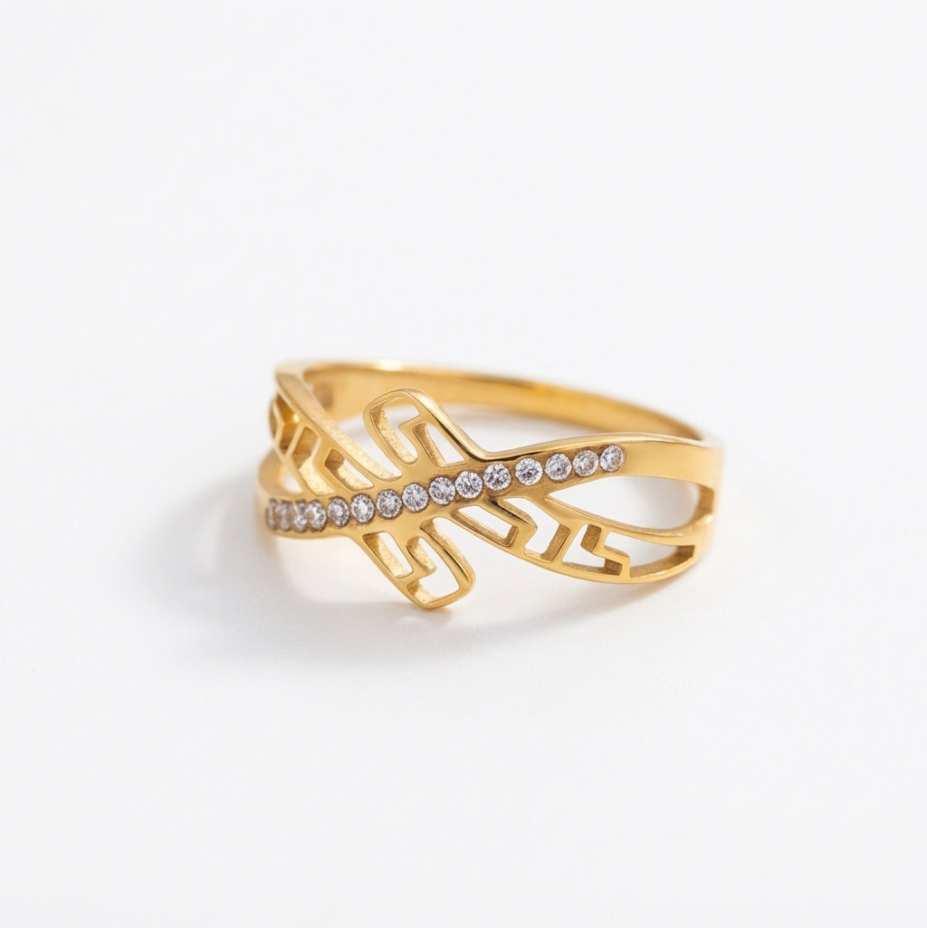 Inel Frunze stilizate cu zirconiu Oțel Inoxidabil Auriu - Hipoalergenic