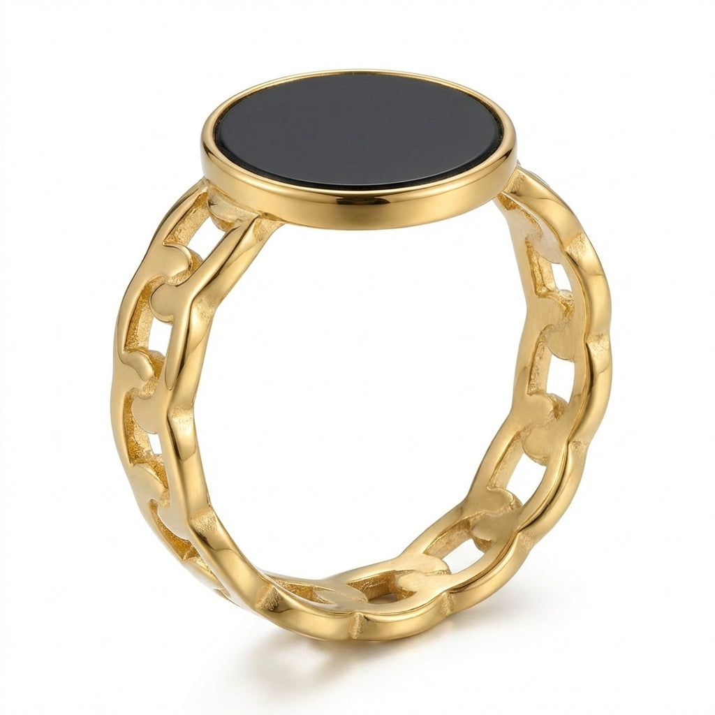 Inel Zale cu Disc Email Negru 10mm Oțel Inoxidabil Placat Aur 18K PVD - Hipoalergenic - IND1700