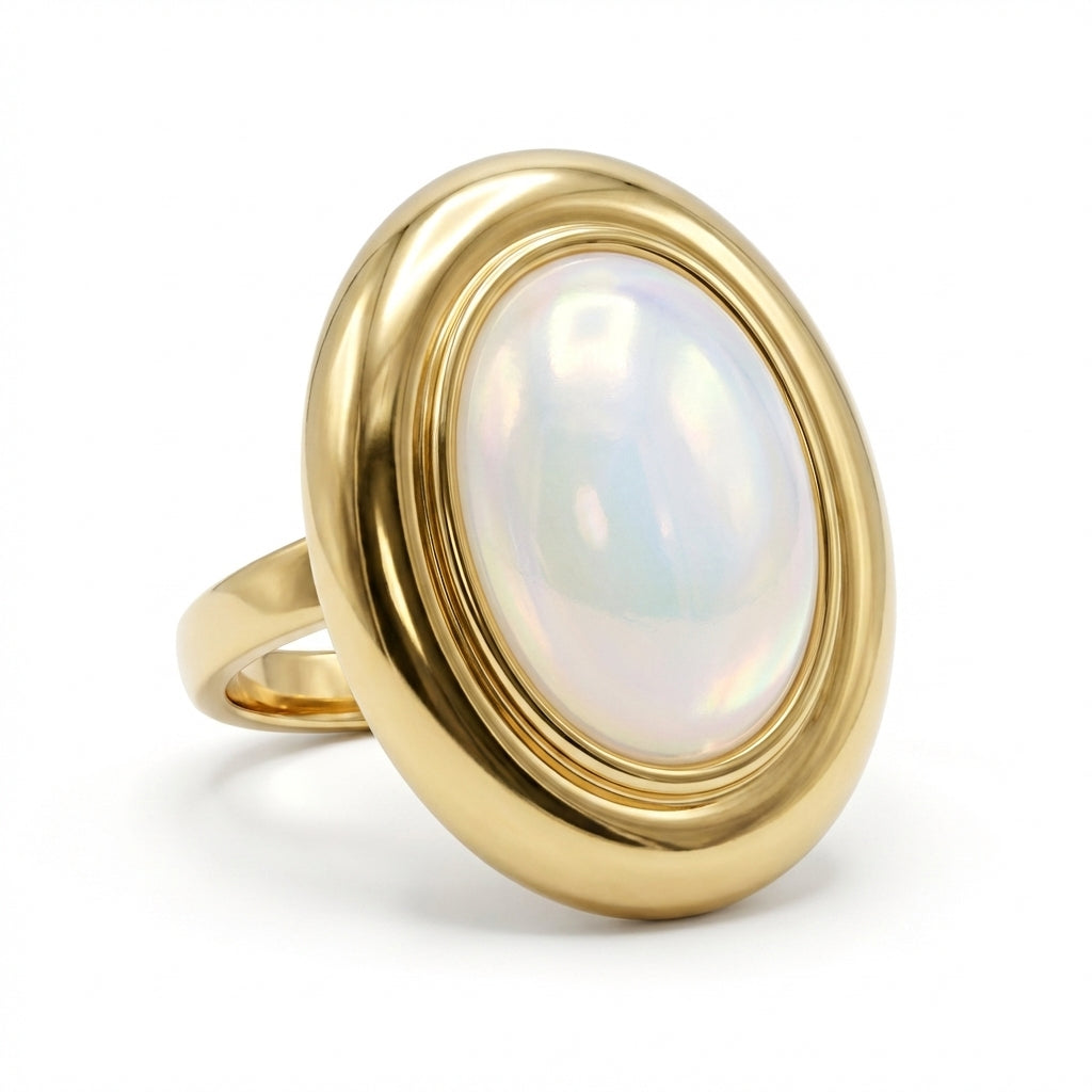 Inel statement cu oval opal irizat Oțel Inoxidabil Placat Aur 18K PVD - Hipoalergenic - IND1864
