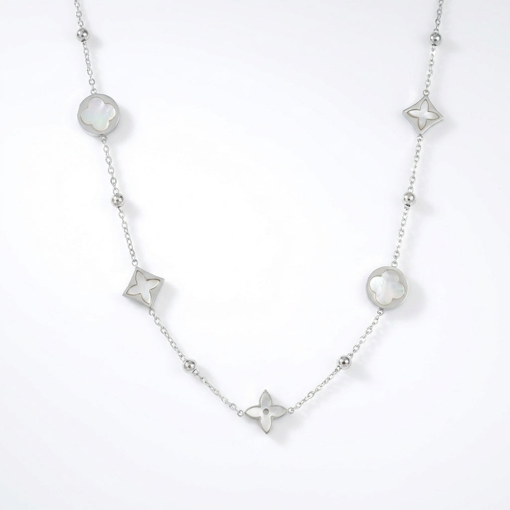 Lănțișor Inox Station Argintiu cu Motive Florale Sidef - Elegant - Hipoalergenic