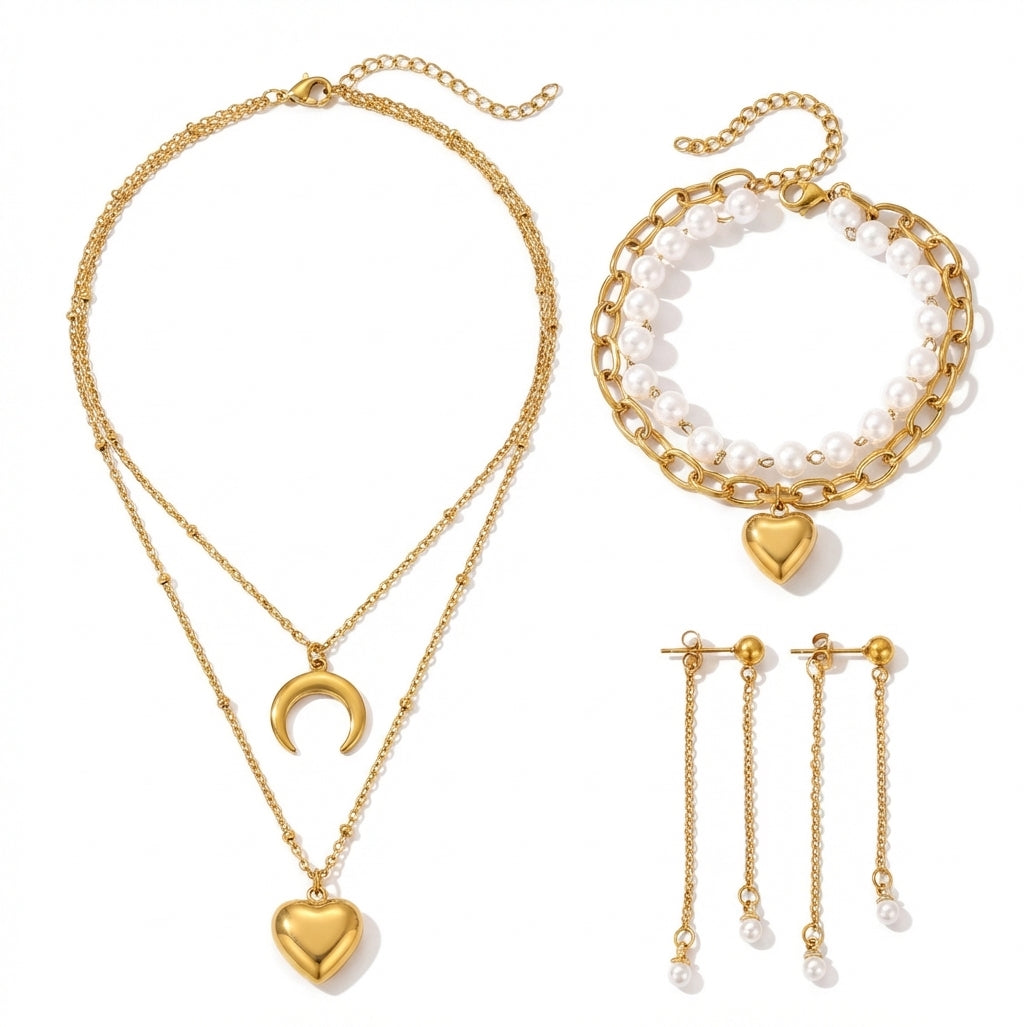 Set Lănțișor și Cercei și Brățară Inox Auriu cu Pandantiv Semilună și Inimă - Boho Romantic Oțel Inoxidabil - LPD1415 18 cm -