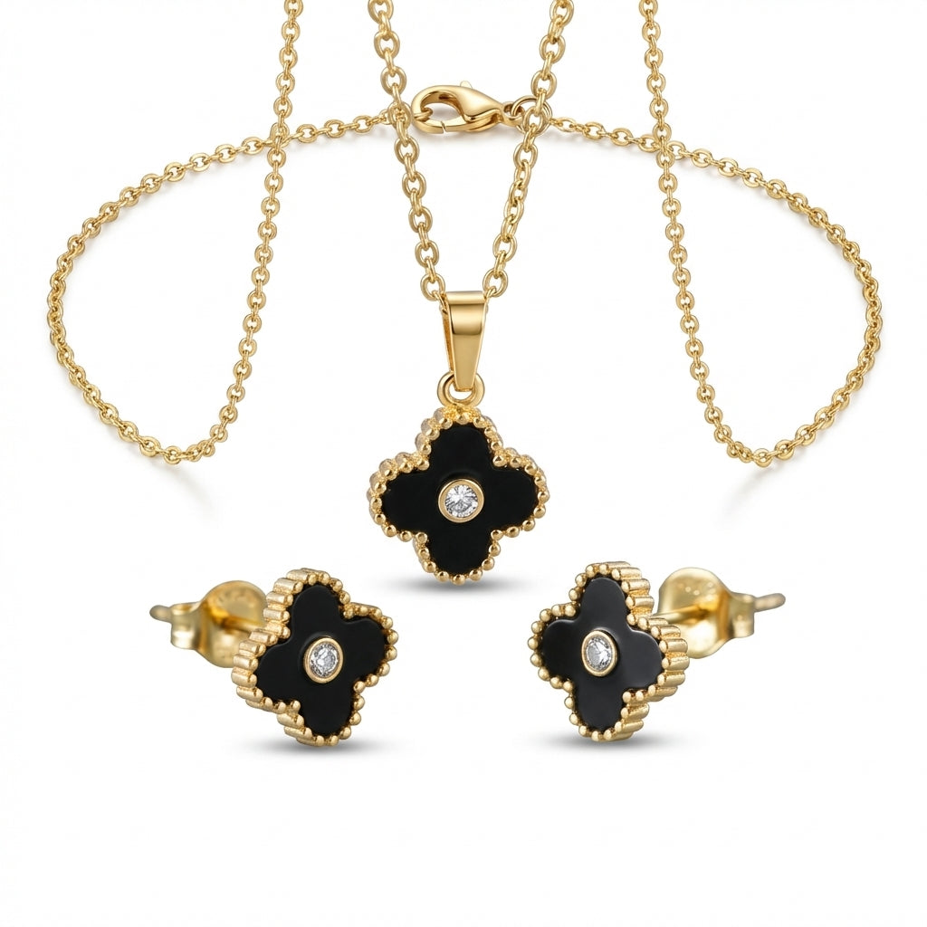 Set Lănțișor și Cercei Inox Auriu cu Pandantiv Trifoi Negru Alhambra - Elegant - Hipoalergenic