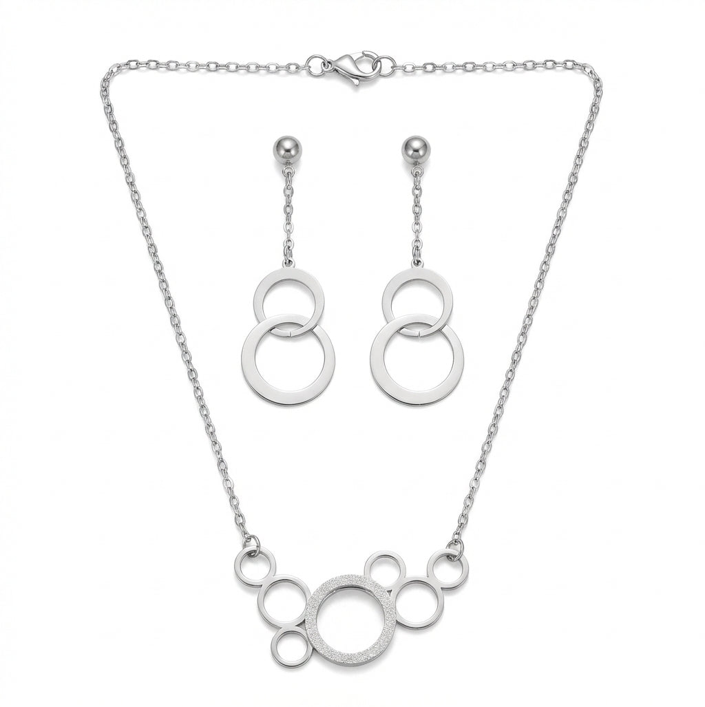 Set Lănțișor Inox și Cercei Cable Argintiu cu Pandantiv Cercuri Interconectate - Modern Geometric Oțel Inoxidabil - LPD1396 2