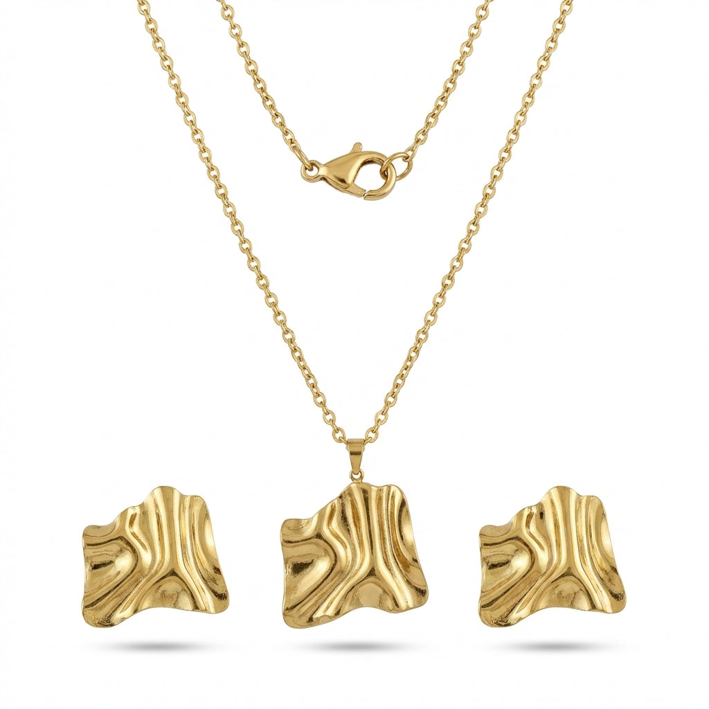 Set Lănțișor și Cercei Inox Auriu Ondulat Abstract - Statement - Hipoalergenic