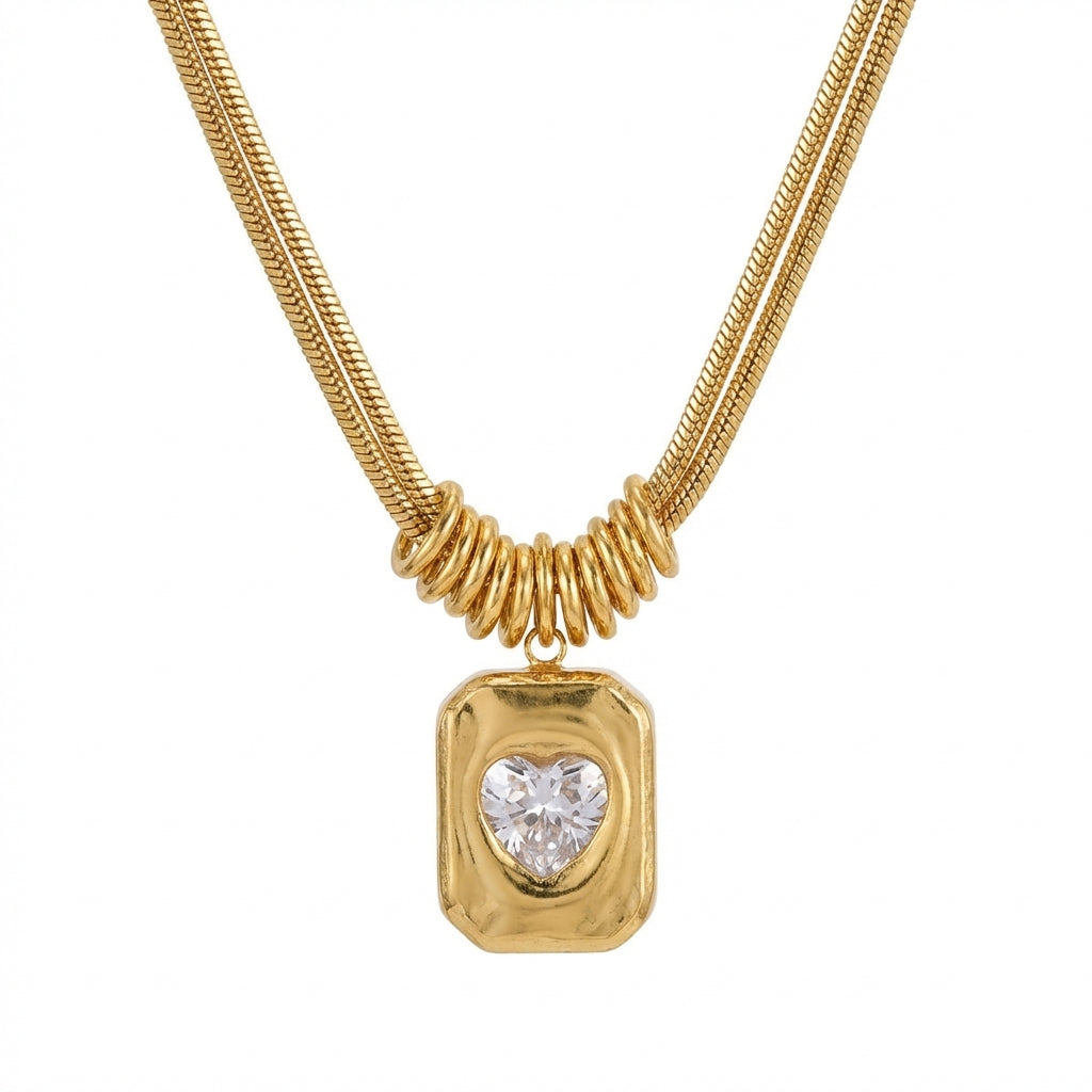 Lănțișor Inox Snake Chain Auriu Dublu cu Pandantiv Dreptunghiular Hammered - Statement - Hipoalergenic