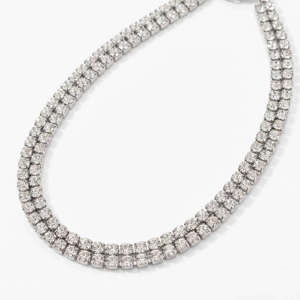 Colier Tennis Inox Argintiu Dublu cu Pandantiv Halo de Cristale - Elegant - Hipoalergenic - LPD1499