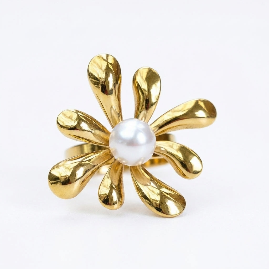 Inel Floare perlă centrală Oțel Inoxidabil Auriu - Hipoalergenic