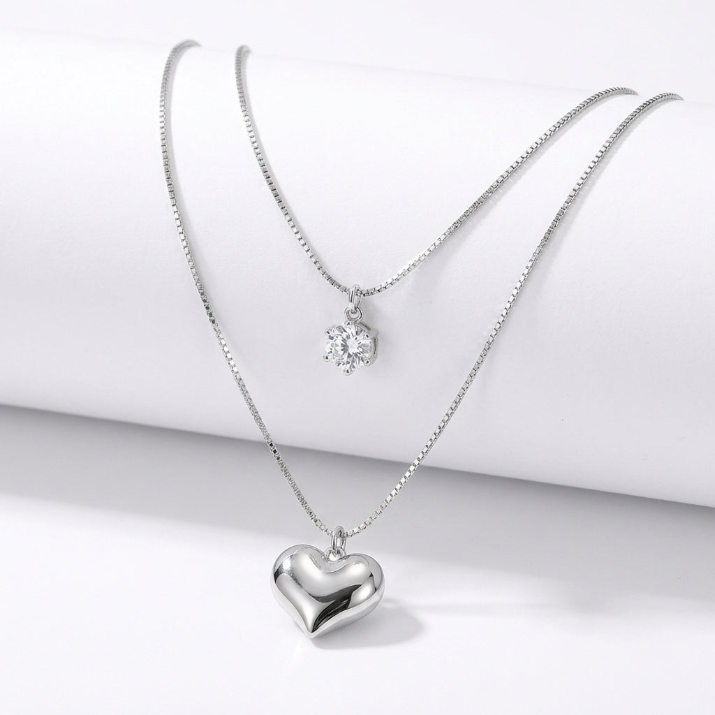 Lănțișor Inox Box Dublu Argintiu cu Pandantiv Cristal și Inimă - Elegant - Hipoalergenic