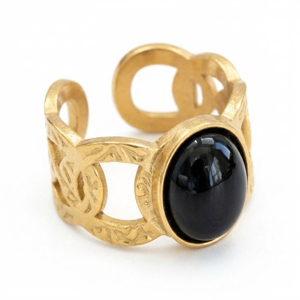 Inel Auriu, piatră neagră cu Zirconiu Cubic Inox Bicolor Placat Aur 18K PVD - Hipoalergenic - IND1687