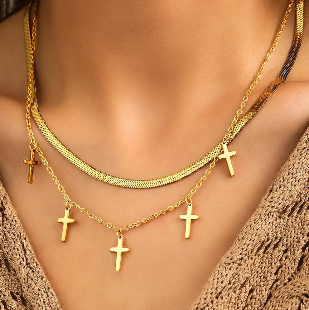 Set 2 Lănțișoare Inox Dublu Layered Auriu cu Pandantive Cruci - Statement Boho Religios - Hipoalergenic
