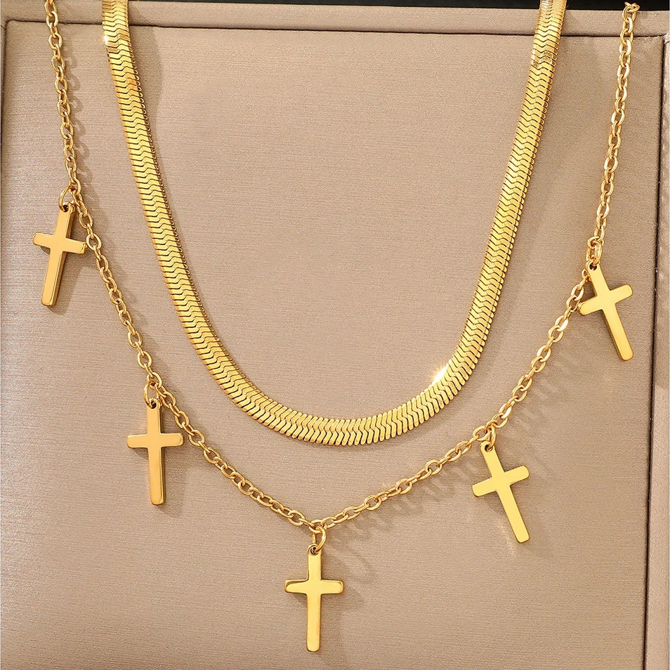Set 2 Lănțișoare Inox Dublu Layered Auriu cu Pandantive Cruci - Statement Boho Religios - Hipoalergenic