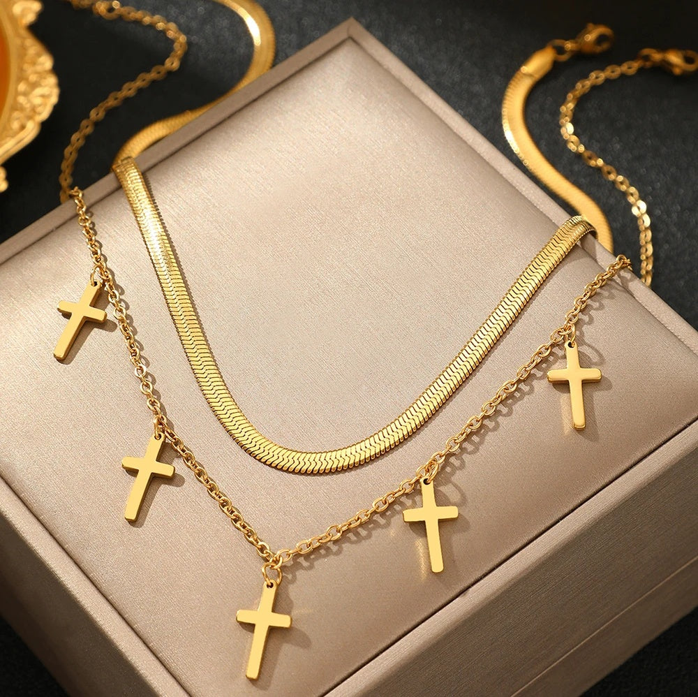 Set 2 Lănțișoare Inox Dublu Layered Auriu cu Pandantive Cruci - Statement Boho Religios - Hipoalergenic