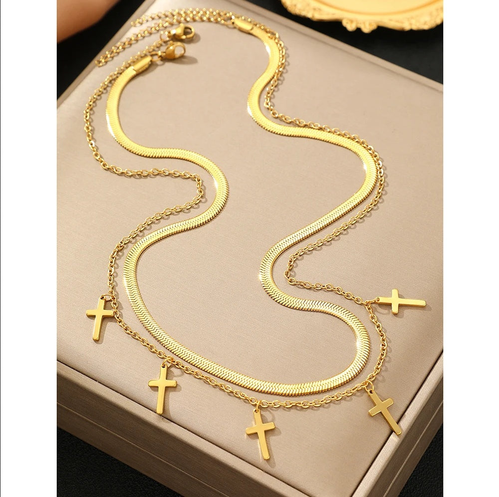 Set 2 Lănțișoare Inox Dublu Layered Auriu cu Pandantive Cruci - Statement Boho Religios - Hipoalergenic