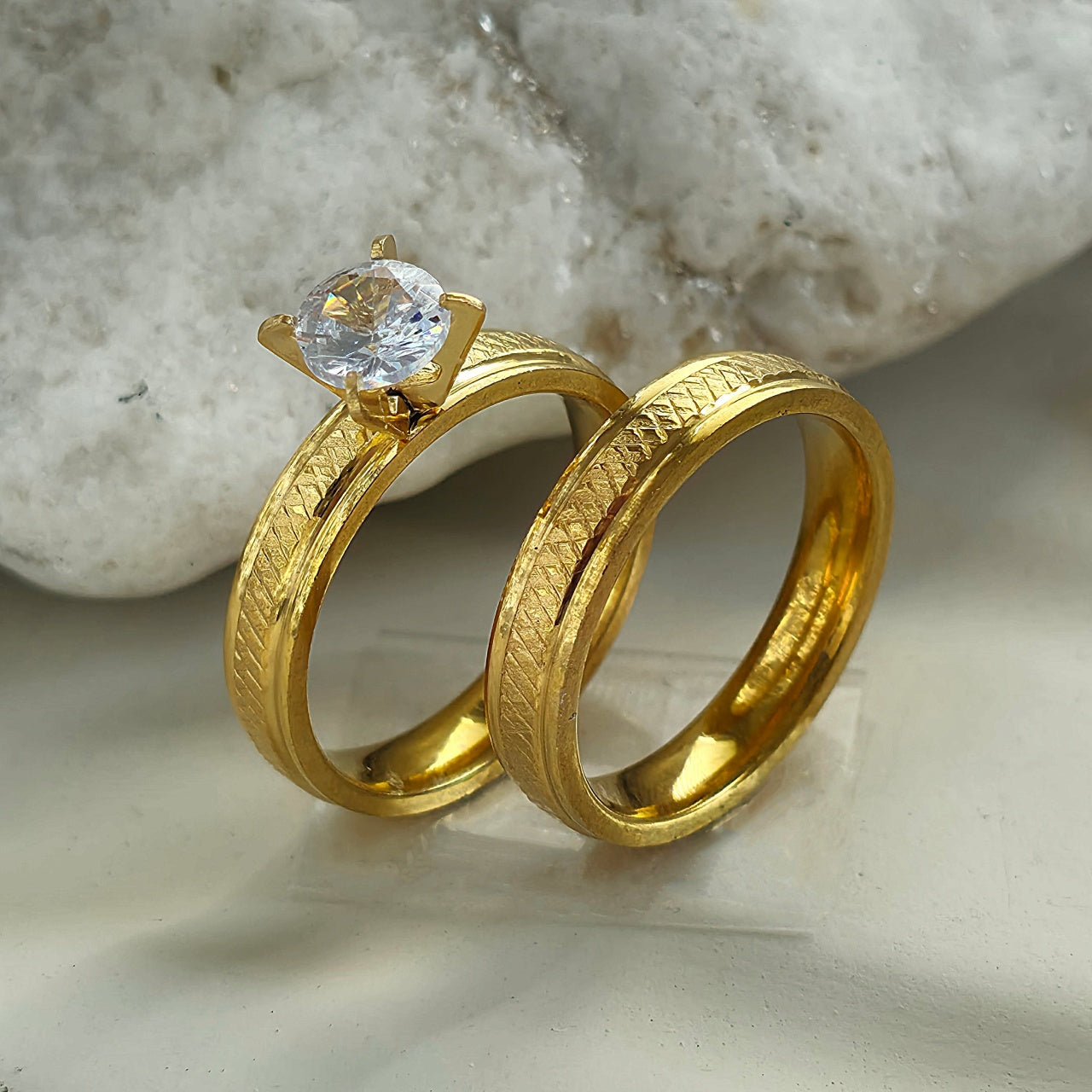 Inel Aur, diamant, texturat Oțel Inoxidabil Auriu - Hipoalergenic