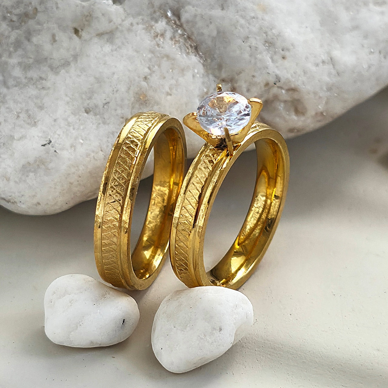 Inel Aur, diamant, texturat Oțel Inoxidabil Auriu - Hipoalergenic