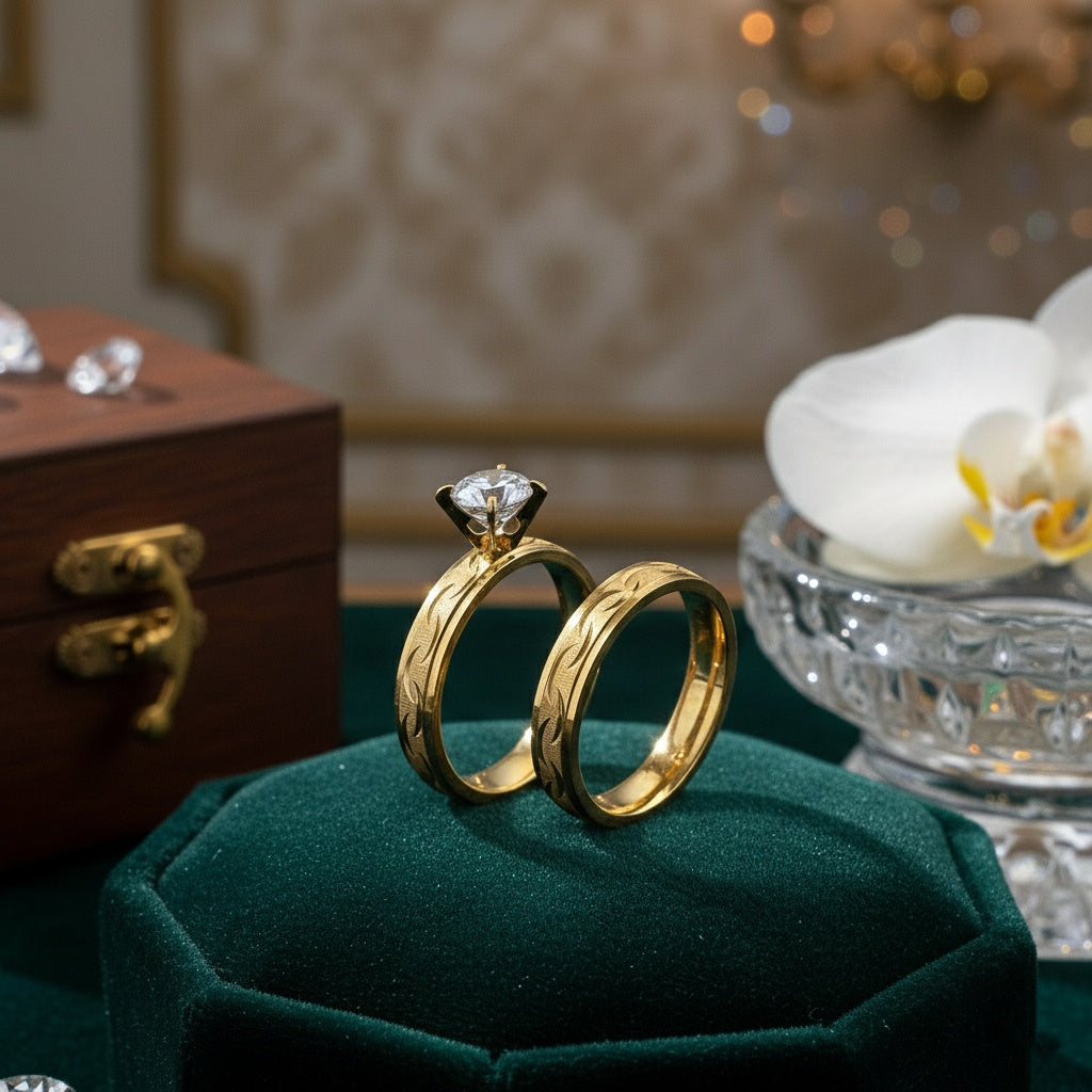 Inel Aur, model reliefat, diamant Oțel Inoxidabil Auriu - Hipoalergenic