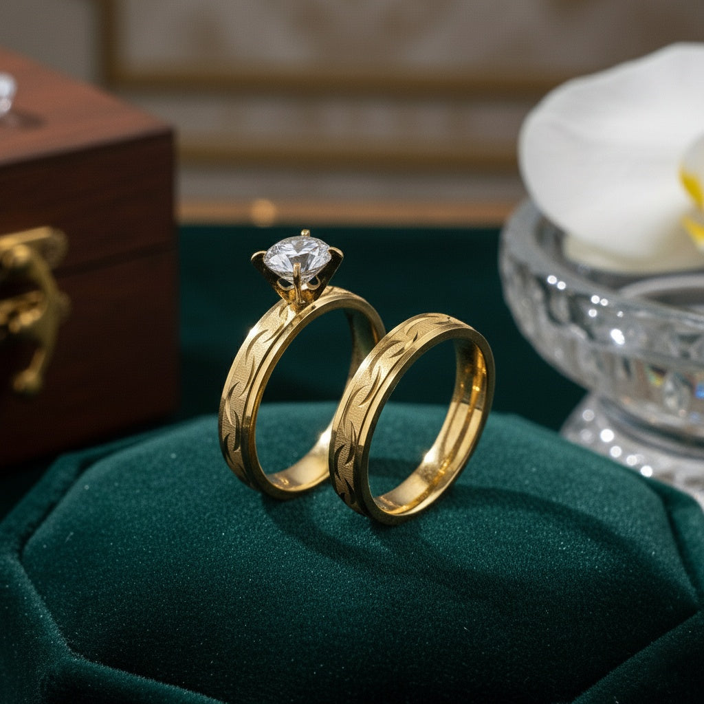 Inel Aur, model reliefat, diamant Oțel Inoxidabil Auriu - Hipoalergenic