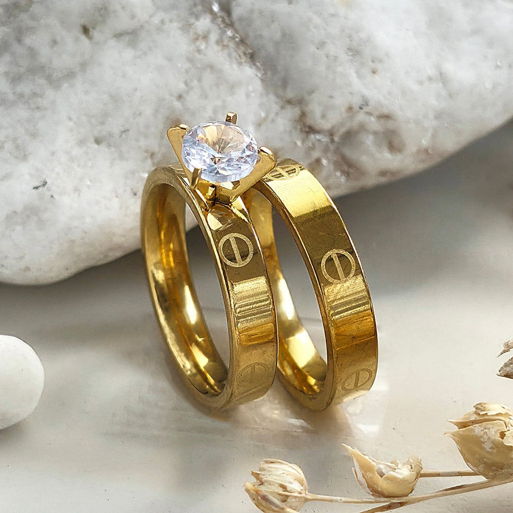 Inel Aur, diamant, simboluri gravate Oțel Inoxidabil Auriu - Hipoalergenic