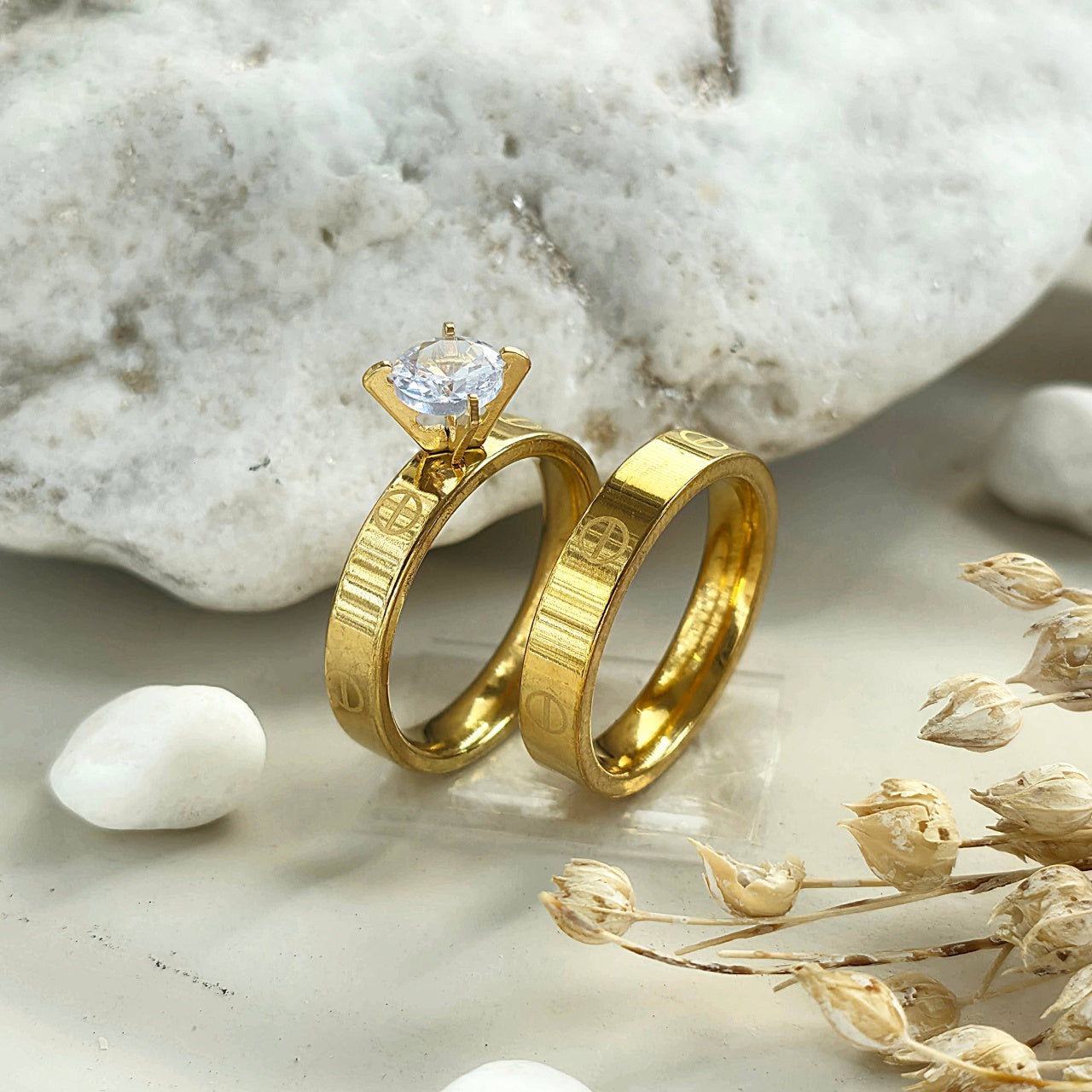 Inel Aur, diamant, simboluri gravate Oțel Inoxidabil Auriu - Hipoalergenic