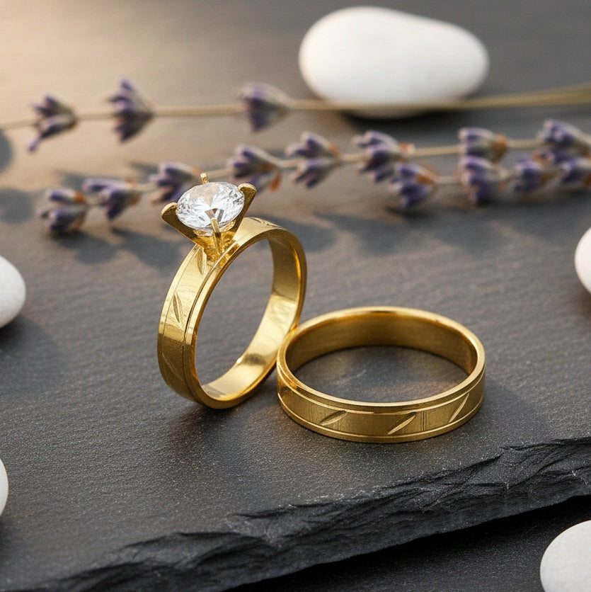 Inel Auriu, modelat, cu diamant Oțel Inoxidabil Auriu - Hipoalergenic