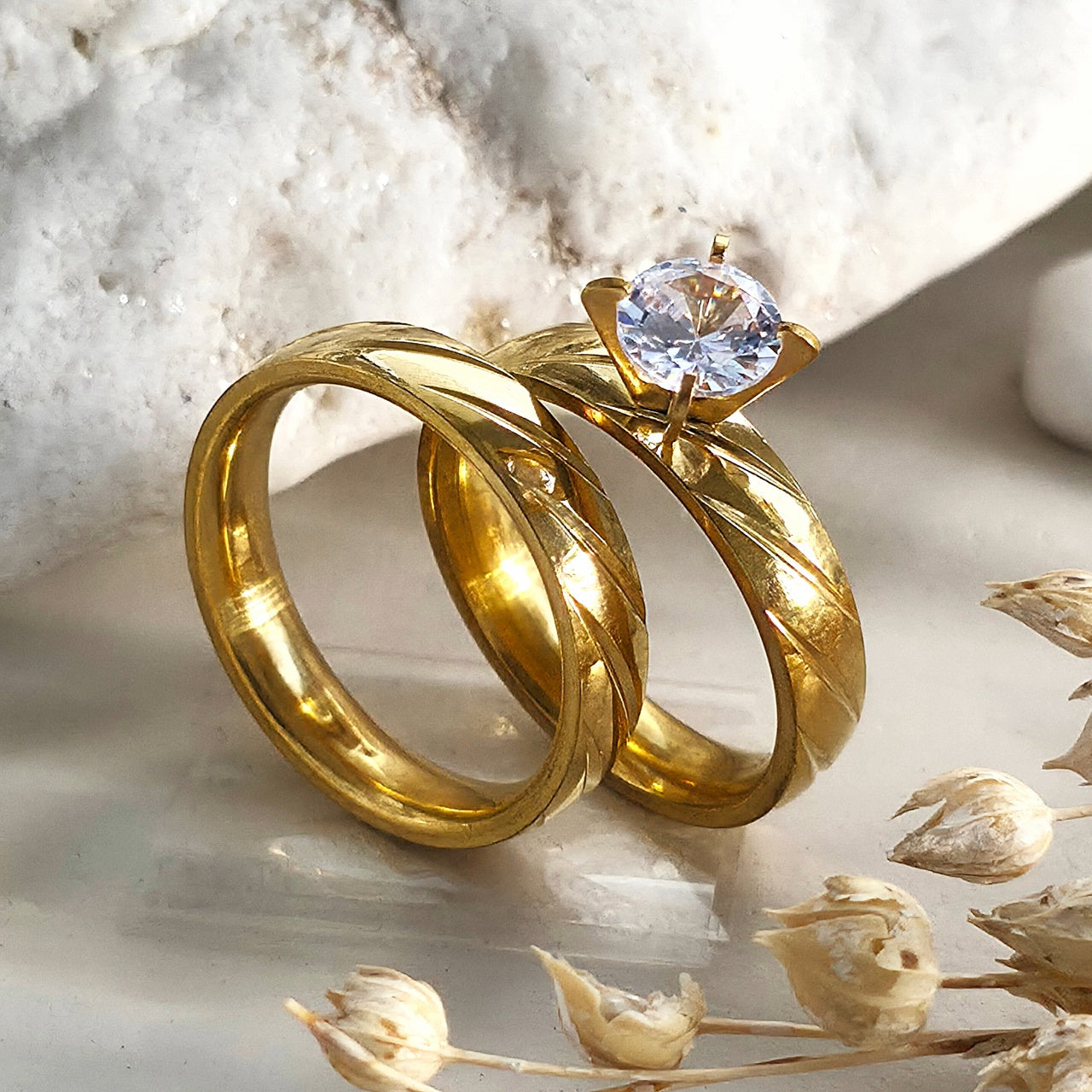 Inel Aur, diamant, sculptat elegant Oțel Inoxidabil Auriu - Hipoalergenic