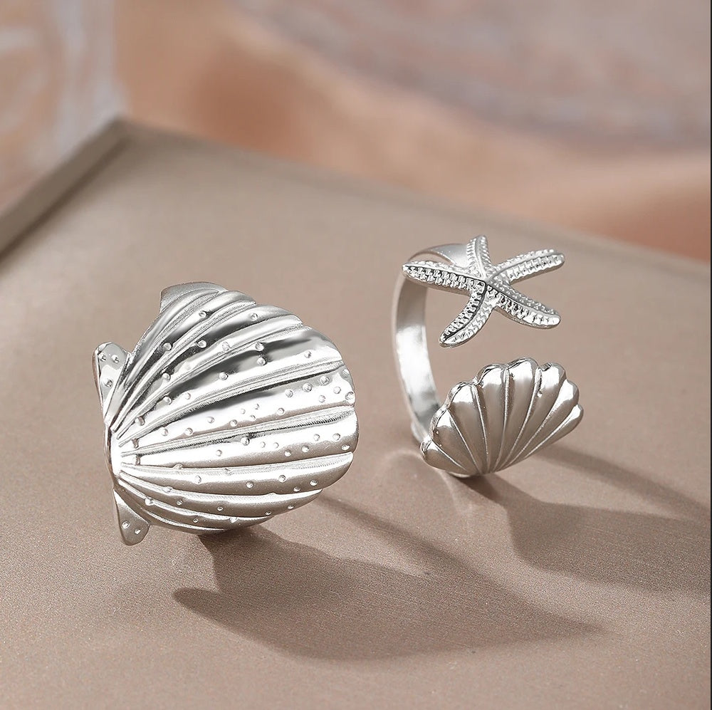 Set 2 Inele Marine Scoici Stele de Mare Oțel Inoxidabil Auriu și Argintiu - Hipoalergenice
