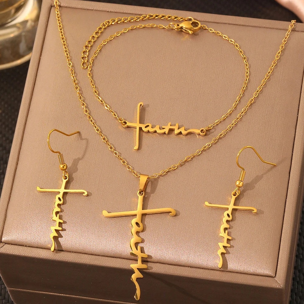 Lănțișor Inox Cable Auriu cu Pandantiv Cruce Faith - Minimalist Spiritual - Hipoalergenic