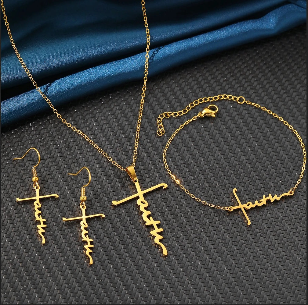 Lănțișor Inox Cable Auriu cu Pandantiv Cruce Faith - Minimalist Spiritual - Hipoalergenic
