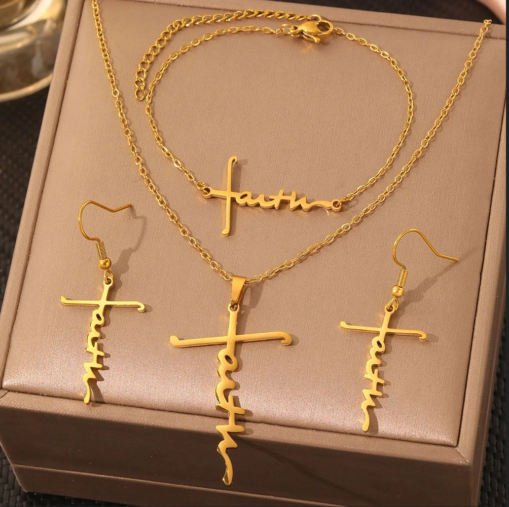 Lănțișor Inox Cable Auriu cu Pandantiv Cruce Faith - Minimalist Spiritual - Hipoalergenic