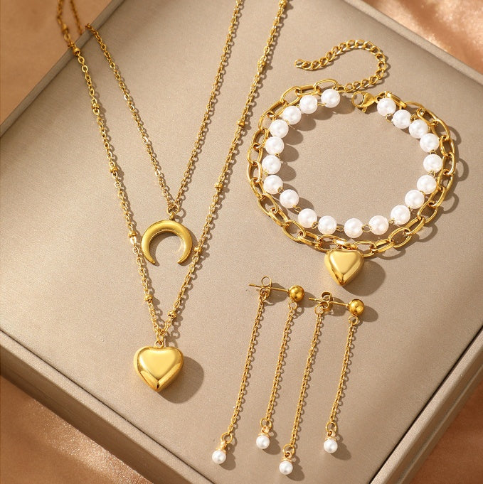 Set Lănțișor și Cercei și Brățară Inox Auriu cu Pandantiv Semilună și Inimă - Boho Romantic Oțel Inoxidabil - LPD1415 18 cm -