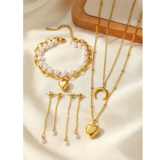 Set Lănțișor și Cercei și Brățară Inox Auriu cu Pandantiv Semilună și Inimă - Boho Romantic Oțel Inoxidabil - LPD1415 18 cm -
