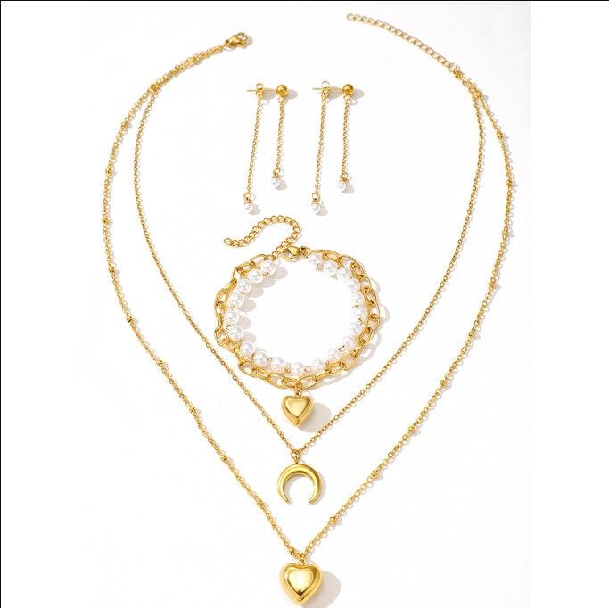 Set Lănțișor și Cercei și Brățară Inox Auriu cu Pandantiv Semilună și Inimă - Boho Romantic Oțel Inoxidabil - LPD1415 18 cm -