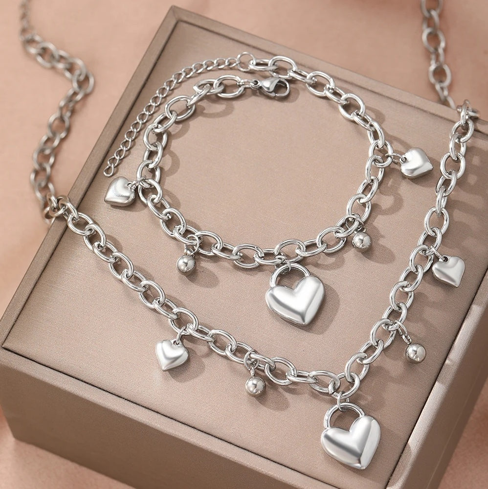 Lănțișor Inox Choker Rollo Argintiu cu Multiple Inimi Puffed - Statement Romantic - Hipoalergenic