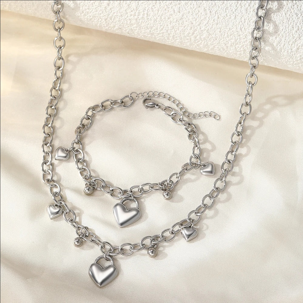Lănțișor Inox Choker Rollo Argintiu cu Multiple Inimi Puffed - Statement Romantic - Hipoalergenic