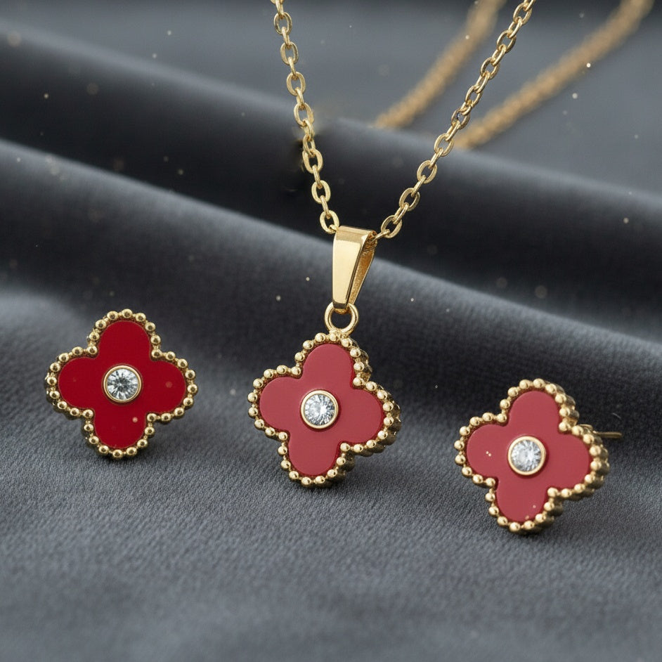 Set Lănțișor și Cercei Inox Auriu cu Pandantiv Trifoi Roșu Alhambra - Elegant - Hipoalergenic